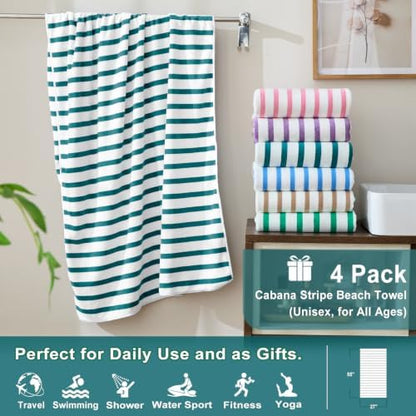 JML Microfiber Beach Towels, 4 Pack, 27" x 55", Cabana Stripe Dark Green