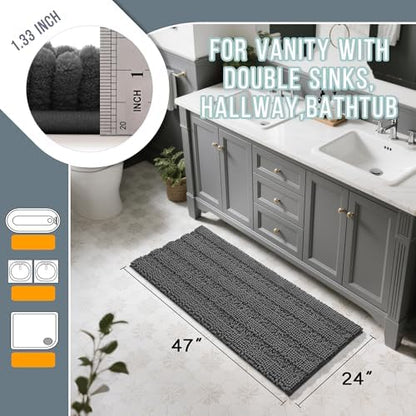 Yimobra Bathroom Rug Mat 47 x 24, Non Slip and Super Absorbent Bath Mat,Machine Washable Quick Dry,Ultra Plush Chenille Shower Rugs for Bathroom Floor Sink Tub and Shower Outside,Dark Gray