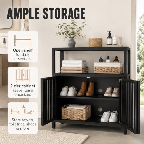 Bamboo Storage Cabinet, Black Freestanding Bathroom Cabinet