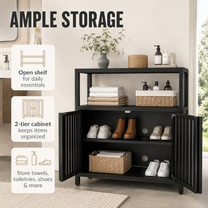 Bamboo Storage Cabinet, Black Freestanding Bathroom Cabinet