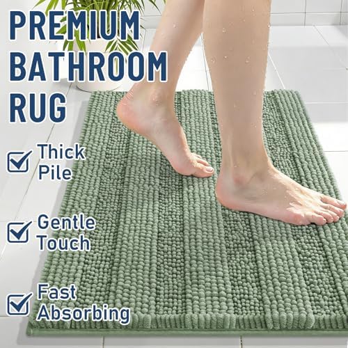 Grandaily Chenille Striped Bathroom Rugs 47x20, Extra Thick and Soft Absorbent Bath Mats, Rubber Backing, Plush Shaggy Shower Carpet, Machine Wash Dry, Bath Rug for Bathroom, Grayish Green