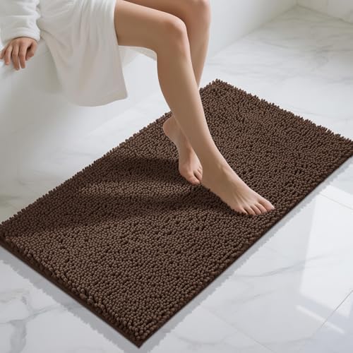 Yimobra Long Bathroom Rugs 44"x24", Extra Soft Non Slip Bath Mat for Tub, Super Absorbent Quick Dry Shaggy Rug Floor Carpet, Machine Washable,Brown