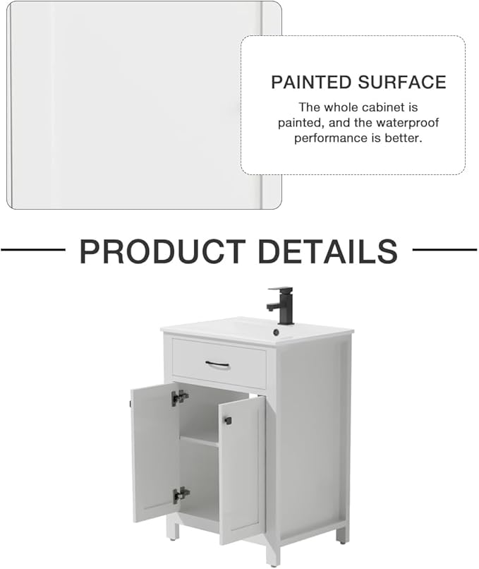 LUCKWIND 24" Bathroom Vanity with Sink Combo, Painted Modern Bathroom Storage Cabinet with Ceramic Sink, Two Doors, Include Faucet Without Mirror, White
