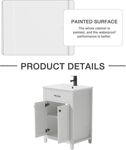 LUCKWIND 24" Bathroom Vanity with Sink Combo, Painted Modern Bathroom Storage Cabinet with Ceramic Sink, Two Doors, Include Faucet Without Mirror, White