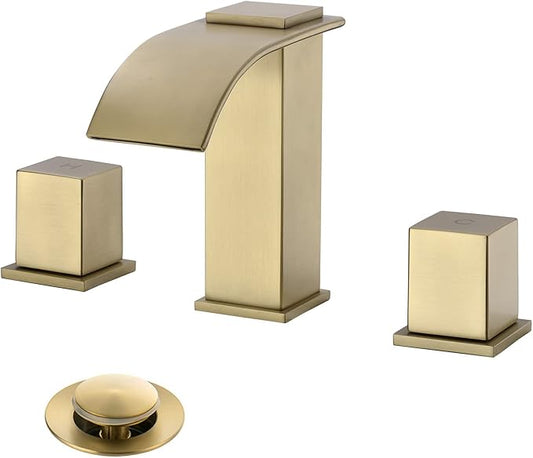 Luxury Brass Widespread Waterfall Bathroom Sink Faucets for 3 Hole 2-Handle 8 Inch Deck Vanity Faucet, &Stainless Steel Pop-up Drain Assembly, Brushed Gold