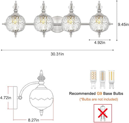 Brushed Nickel Bathroom Vanity Light Fixture Vintage Style - 4 Light G9 Bulb Compatible, 30" Wide Bathroom Lighting Over Mirror with Hand-Etched Glass Shades, Easy Mount for Makeup Area