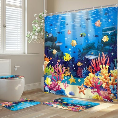 Ocean Coastal Fish Coral Kids 4Pcs Bathroom Shower Curtain Set with Rugs