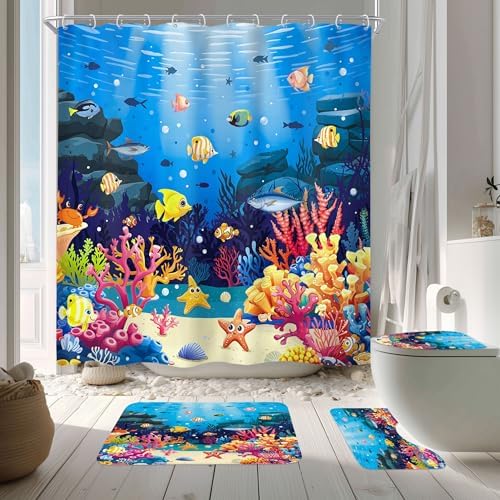 Ocean Coastal Fish Coral Kids 4Pcs Bathroom Shower Curtain Set with Rugs