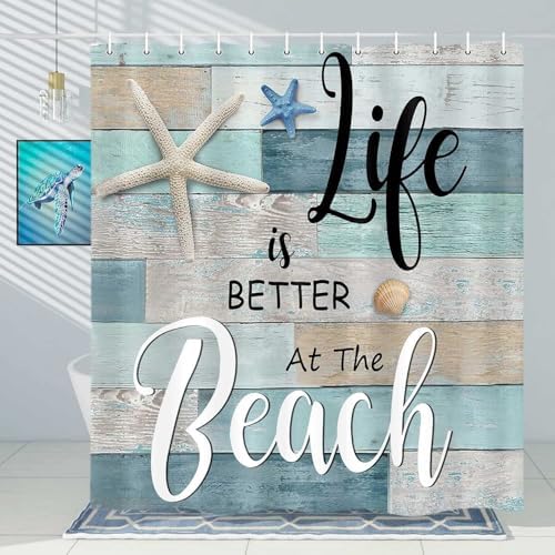 Beach Shower Curtain, Rustic Vintage Wood Ocean Quote Words Summer Fabric Decor Bath Curtain, Nautical Coastal Starfish Theme Bathroom Curtain Accessories with Hooks 47X64in