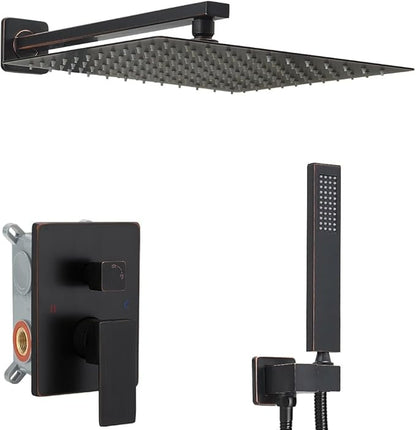 Oil Rubbed Bronze Shower System 16 Inch Bathroom Rain Mixer Shower Combo Set Wall Mounted Rainfall Shower Head and Handheld System Shower Faucet Set Rough-in Valve Body and Trim Kit