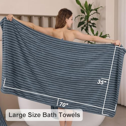 4 Piece Grayish Blue Cabana Stripe Large Bath Towels Oversized Bath Sheet Super Soft Breathable Jumbo Bathroom Towels Highly Absorbent Shower Towel Quick Dry Beach Chair Towel Spa Gym Hotel Towel Set