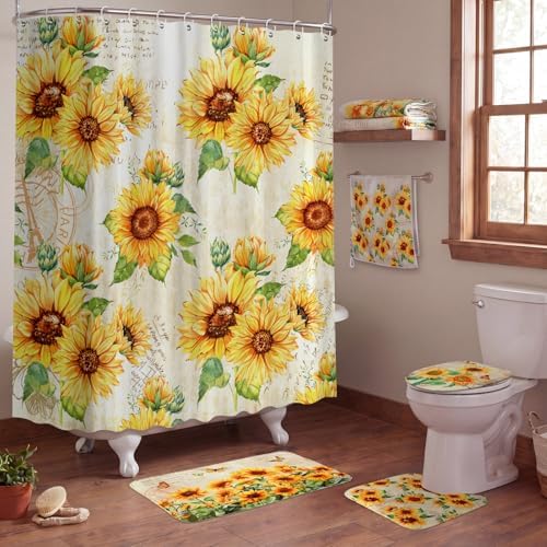 Honoson 8 Pcs Sunflower Shower Curtain Bathroom Set with Rugs, Vintage Floral Bath Decor with Rustic Script Background, Bath Mat Toilet Lid Cover U-Shaped Mat for Farmhouse Housewarming Gifts Decor