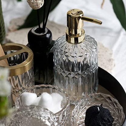 EMPO 6PCS Bathroom Clear Glass Accessories Set (Lotion Soap Dispenser, Soap Dish, Toothbrush Holder, Tumbler, Cotton Swab Jar), Contemporary Modern Decor Crystal Vintage Gift (6pcs Clear)
