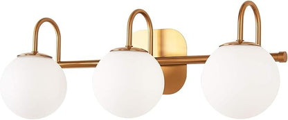 Modern Bathroom Vanity Light Fixtures 3 Lights Brushed Brass Frame and Milk White Glass Globe Shade Modern Wall Sconce Lighting Bath Vanity Lights Bar Over Mirror (Exclude G9 Bulb)