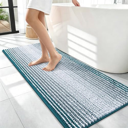 OLANLY Bathroom Runner Rugs 47x17, Chenille Striped Bath Rugs, Peacock Blue