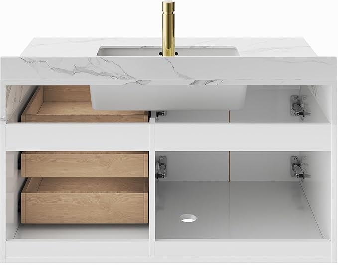 Bathroom Vanity with Sink, Modern Bathroom Vanity with Faux Marble Top, Gold Hardware & Soft-Close Drawers for Bathroom Storage (35.4 Inch, White, Single Sink & Floating)