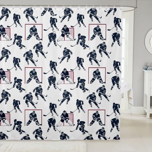Ice Hockey Fabric Shower Curtain Sports Event Shower Curtain for Kids Boys Women Hockey Player Bathroom Waterproof Accessories with 12 Hooks Winter Sports Hockey Design Kawaii Curtains,72x72 Inches