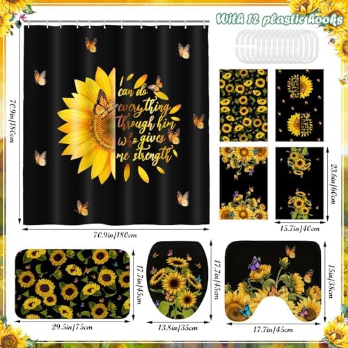 Honoson 8 Pcs Black Yellow Sunflower Shower Curtain Set, Rugs, Bath Mat