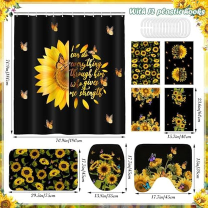 Honoson 8 Pcs Black Yellow Sunflower Shower Curtain Set, Rugs, Bath Mat