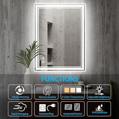 28 x 36'' Bathroom Mirror with Lights, Dimmable 3 Colors, Fogless