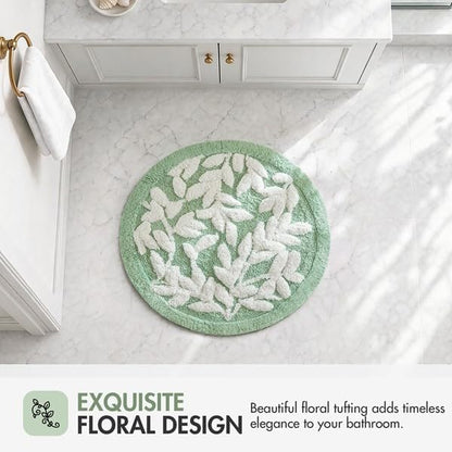 Madison Park Serene Tufted Bath Rug Cotton Absorbent, Round, Sage Green | Quick Dry, Soft Pile, Machine Washable, Floral Pattern, Plush, OEKO-TEX Certified