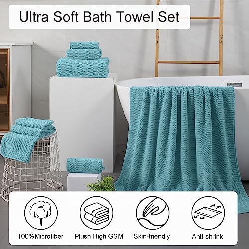 8 Pcs Turquoise Oversized Bath Towel Set-2 Extra Large Bath Sheets,2 Hand Towels,4 Washcloths Soft Bathroom Towels Highly Absorbent Quick Dry Beach Chair Towels Woven Towels for Hotel and Spa