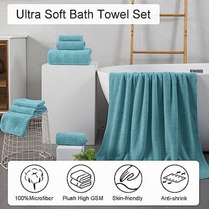 8 Pcs Turquoise Oversized Bath Towel Set-2 Extra Large Bath Sheets,2 Hand Towels,4 Washcloths Soft Bathroom Towels Highly Absorbent Quick Dry Beach Chair Towels Woven Towels for Hotel and Spa