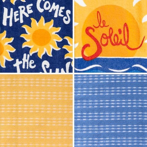 Ritz 4-Piece Kitchen Towel Set, Here Comes the Sun & Le Soleil Sunset Prints with Yellow & Navy Blue Textured Terry, 100% Cotton & Absorbent Blend, 16" x 26", Coastal Summer Kitchen Decor