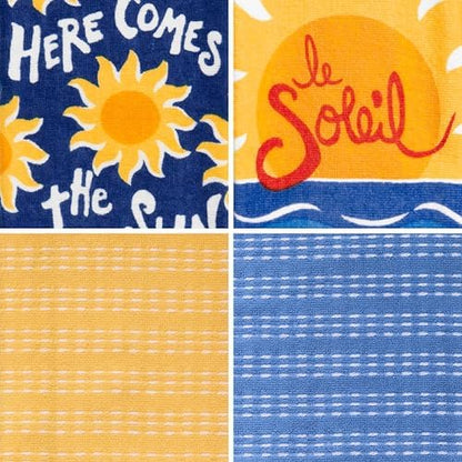 Ritz 4-Piece Kitchen Towel Set, Here Comes the Sun & Le Soleil Sunset Prints with Yellow & Navy Blue Textured Terry, 100% Cotton & Absorbent Blend, 16" x 26", Coastal Summer Kitchen Decor