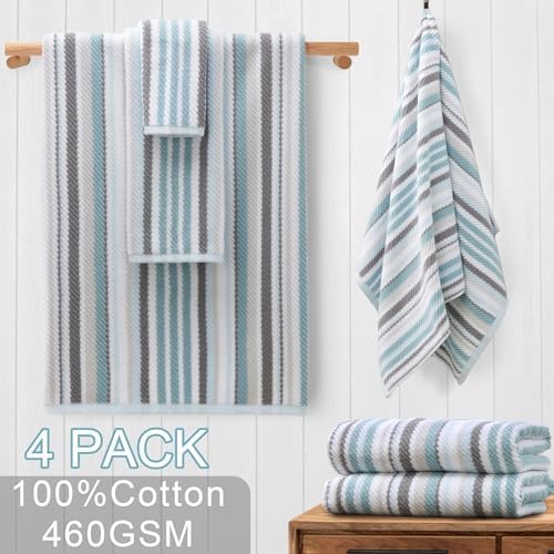 VOOVA & MOVAS Aqua Bath Towels 4 Pack, 100% Cotton, 28x52 in, Striped