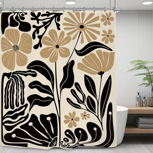 Black Tan Matisse Flower Shower Curtain 60Wx72L Inch Minimalist Abstract Vintage Botanical Blossom Modern Neutral Wildflower Art Bathroom Set Accessories Decor with 12 Pack Hooks