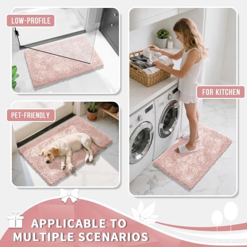Yimobra Long Bathroom Rugs Runner 60x24 Inch, Extra Thick Soft Absorbent Chenille Bath Mat, Non Slip Machine Washable, Quick Dry Bath Rugs for Bathroom Floor, Tub and Shower, Pink