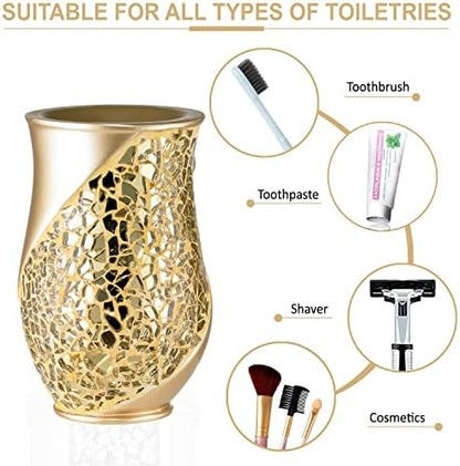 Zahari Home 4pc Sinatra Stylish Bathroom Accessories Set Champagne Gold Soap Dispenser Pump, Tumbler, Tooth Brush Holder and Soap Dish Modern Decor Bling Mosaic Glass Gold Bathroom Accessories