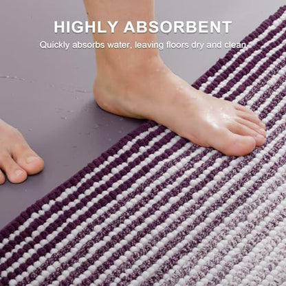 BSICPRO Bathroom Rugs Sets 2 Piece, Non Slip Striped Bath Mats, Mauve Wine