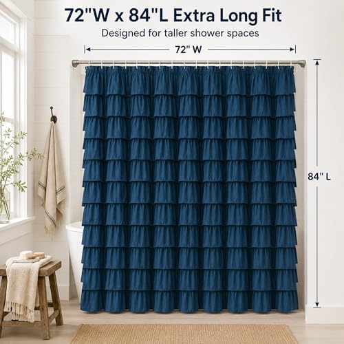 Navy Blue Ruffle Shower Curtain for Bathroom, 72x 84 inch, 1 Panel