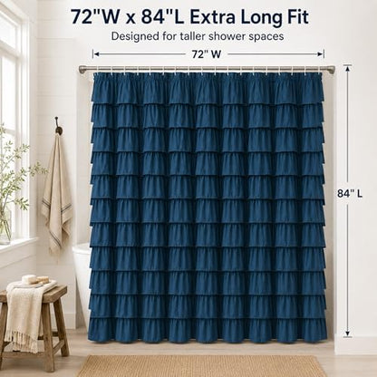 Navy Blue Ruffle Shower Curtain for Bathroom, 72x 84 inch, 1 Panel