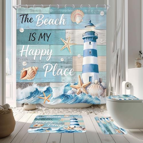 Nautical Ocean Fish Sea Wooden 4Pcs Bathroom Shower Curtain Set with Rugs