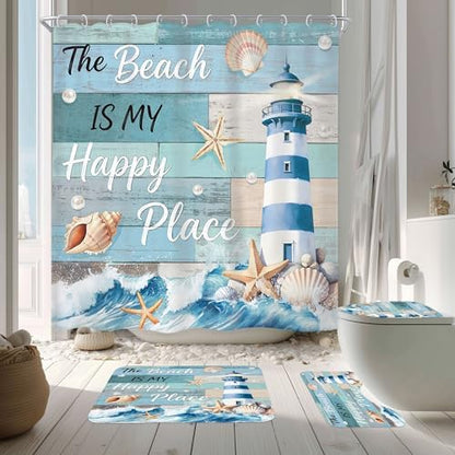 Nautical Ocean Fish Sea Wooden 4Pcs Bathroom Shower Curtain Set with Rugs