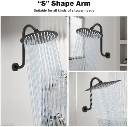 NearMoon S Shaped Shower Head Riser Arm, Shower Extender Arm with Flange, Standard 1/2" Connection- Bathroom Accessory (12 Inch, Matte Black)