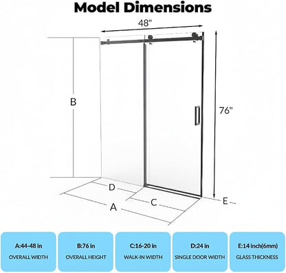 GarveeLife 44-48 Inch W× 76 Inch Frameless Shower Door – Matte Black Stainless Steel Square Rail, Fixed Panel and Sliding Glass Shower Door with 6mm Tempered Glass, Easy Clean Coating