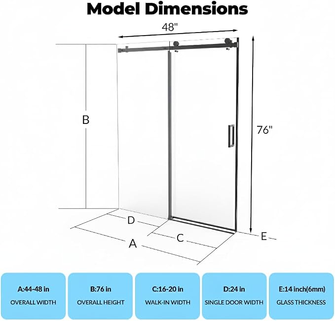 44-48" W x 76" H Sliding Shower Door, 1/4 Inch (6mm) Clear Tempered Glass, Matte Black Square Rail, Space-Saving Design for Modern Bathrooms