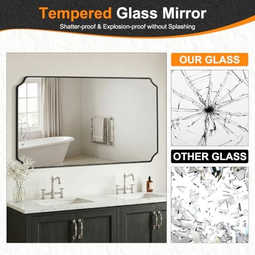 Delma Bathroom Vanity Mirror, Black Framed Aluminum Bathroom Mirror for Over Sink, Scalloped Round Corner Wall Mirror, High-Definition Vanity Mirror, Hangs Horizontally or Vertically (30x50,Black)