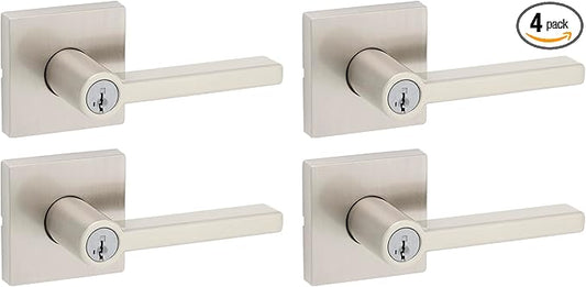 Kwikset Halifax Entry Door Handle with Lock and Key, Secure Keyed Reversible Lever Exterior, for Front Entrance and Bedrooms, Satin Nickel, 4 Pack, Pick Resistant SmartKey Rekey Security and Microban