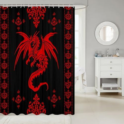 Feelyou Dragon Shower Curtain Kids Boys Teens Gothic Damask Paisley Floral Bathroom Waterproof Accessories with 12 Hooks 72x78 Inches Women Bohemian Exotic Animal Theme Room Decor,Red Black