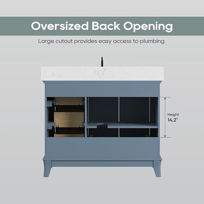 42 Inch Bathroom Vanity with Sink, Single Sink Bathroom Vanity with Adjustable Feet, Solid Wooden Frame Bathroom Sink Cabinet with Soft Closing Doors & Dovetail Drawers, Steel Blue