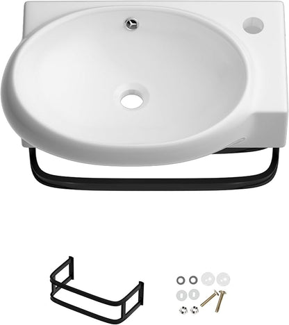 Sarlai Wall Mounted Bathroom Vessel Sink with Towel Rack,17x11 Inch Wall Hung Rectangle Ceramic Small Bathroom Sink White Mini Wash Modern Vanity Floating Basin