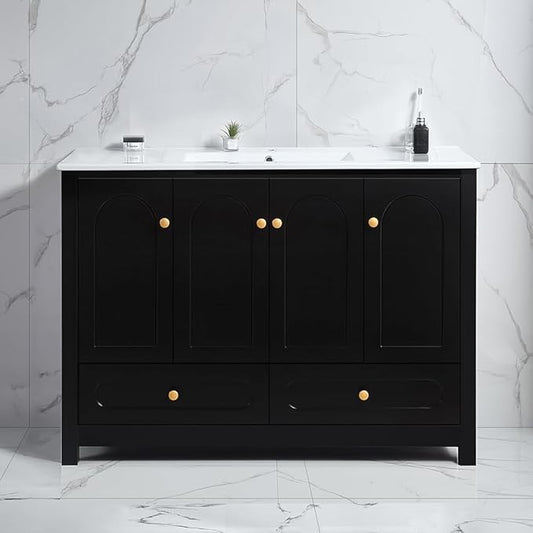 LZ LEISURE ZONE 48" Bathroom Vanity with Ceramic Sink Combo, Abundant Cabinet -4 Soft Close Doors and 2 Drawers, Black