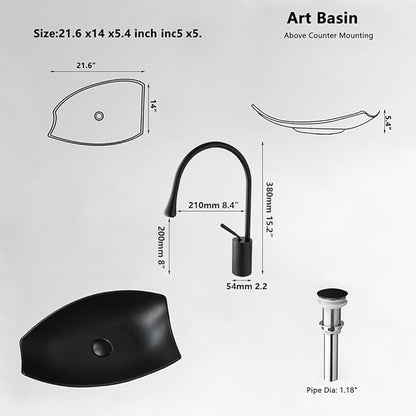 Bathroom Vessel Sink with High Arc Faucet and Pop-Up Drain Combo,21 Inch Stone Resin Sink Basin Above Counter Modern Irregular Rectangular Bathroom Sink Bowl (Black)