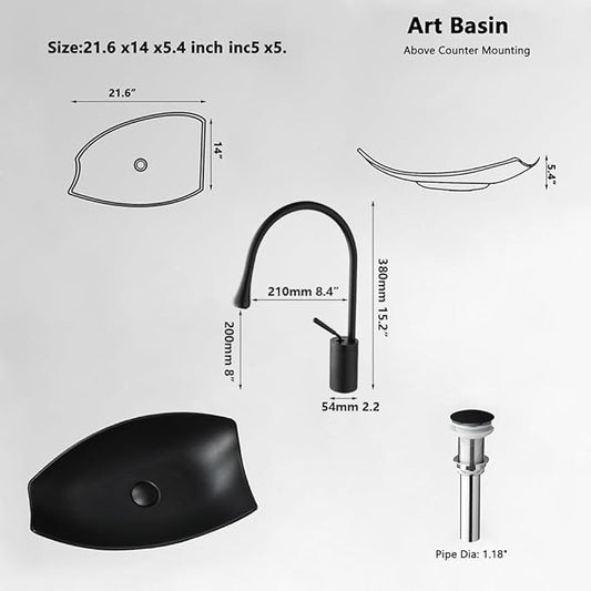 Bathroom Vessel Sink with High Arc Faucet and Pop-Up Drain Combo,21 Inch Stone Resin Sink Basin Above Counter Modern Irregular Rectangular Bathroom Sink Bowl (Black)