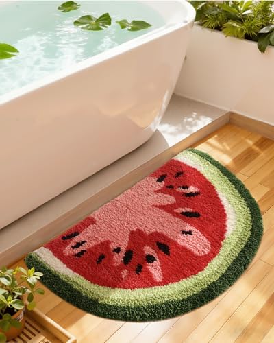 DEXI Cute Watermelon Bath Mat, Half Round Fruit Bathroom Rugs 36x20